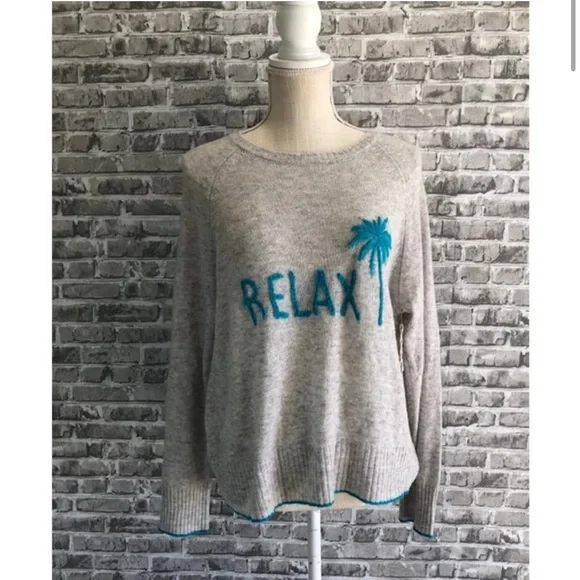 NWT 100% Cashmere GOLDEN SUN "RELAX" Gray Teal Blue SWEATER $240 XS / S - Picture 2 of 5